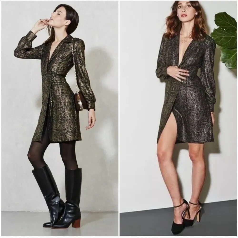 Reformation gold long sleeve wrap plunge v neck unlined sexy dress party